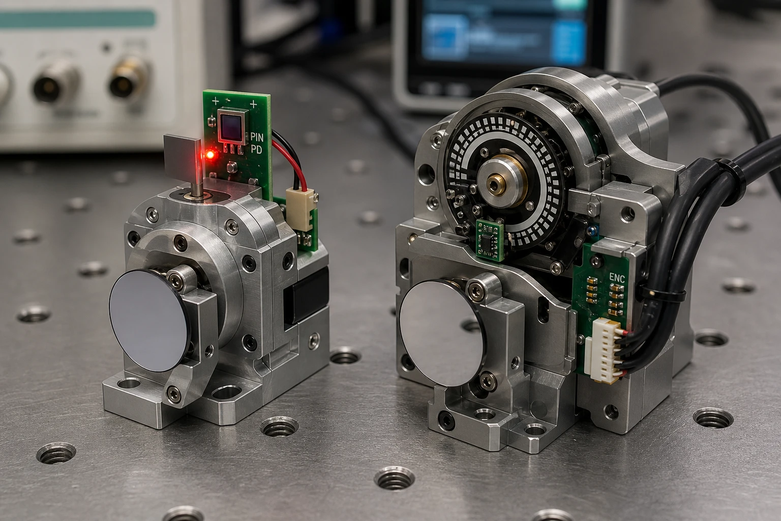 Photodetector based galvo feedback assembly compared with a compact optical encoder system on an engineering workbench