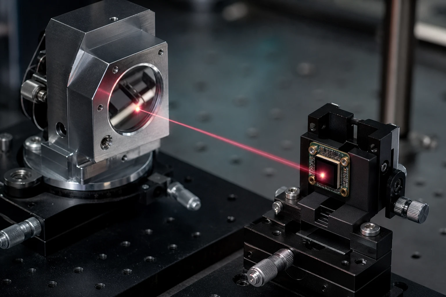 A laser beam directed at a photosensitive area active size photodiode inside a galvo mirror optical feedback system on a laboratory bench