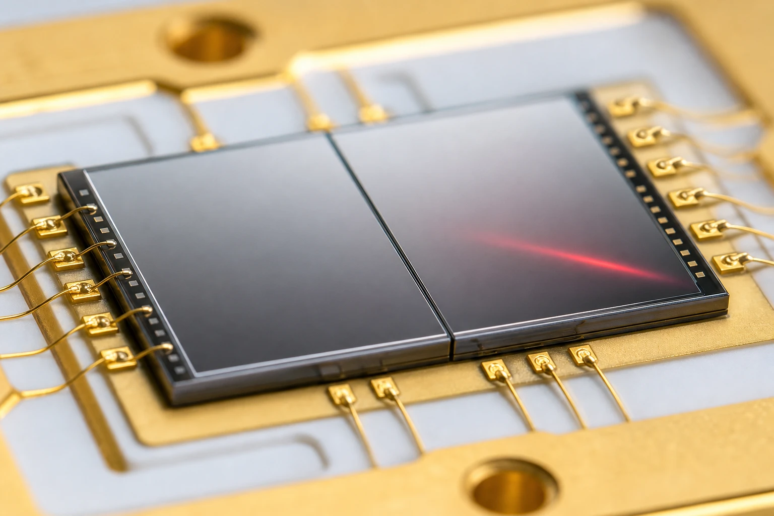 Microscopic view of a high-precision segmented PIN photodiode chip mounted on a ceramic substrate for optical position feedback
