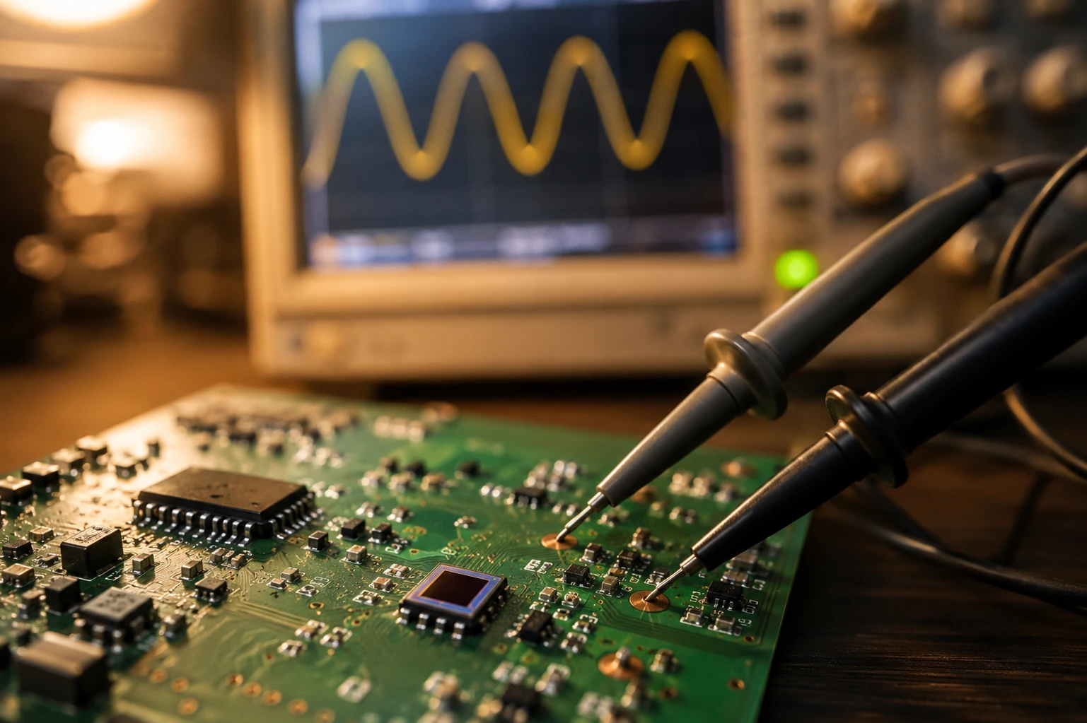 Testing a custom transimpedance amplifier for photodiodes on a laboratory workbench with oscilloscope probes and a silicon chip PCB