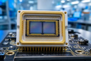 High-precision dual channel segmented photodiode chip mounted on a gold-plated header in an optoelectronics laboratory