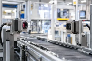 Industrial through-beam sensor installation showing alignment of the 940nm IR receiver diode on an automated conveyor line