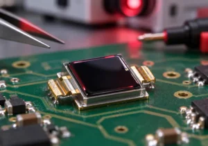 Close-up macro view of an NIR enhanced silicon photodiode mounted on an optical sensor PCB in an engineering laboratory
