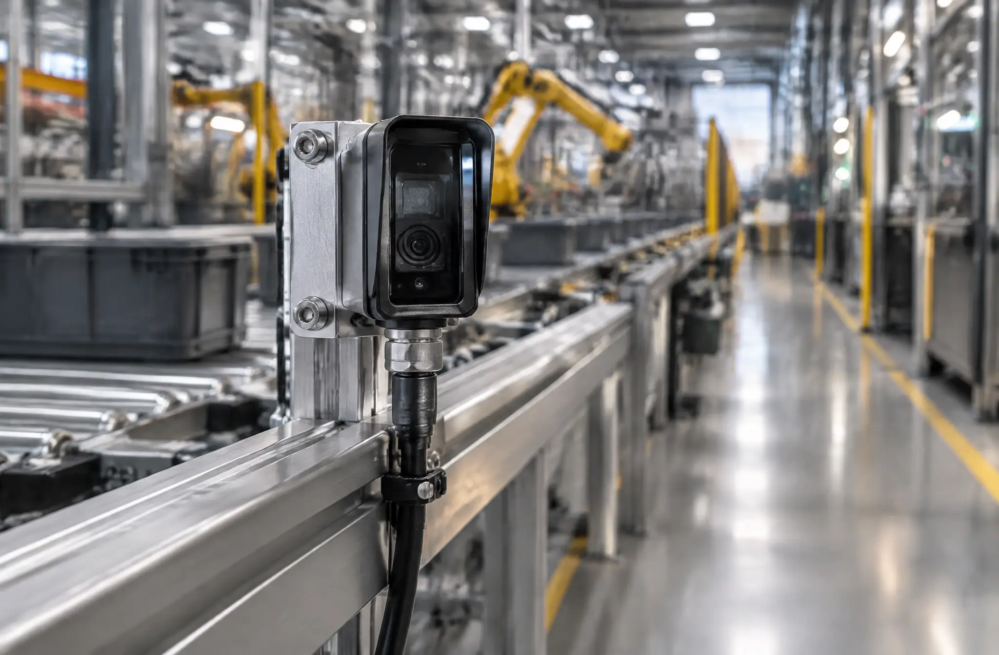Industrial long-range optical safety sensor housing with an integrated through-hole photodiode with lens on an automated assembly line