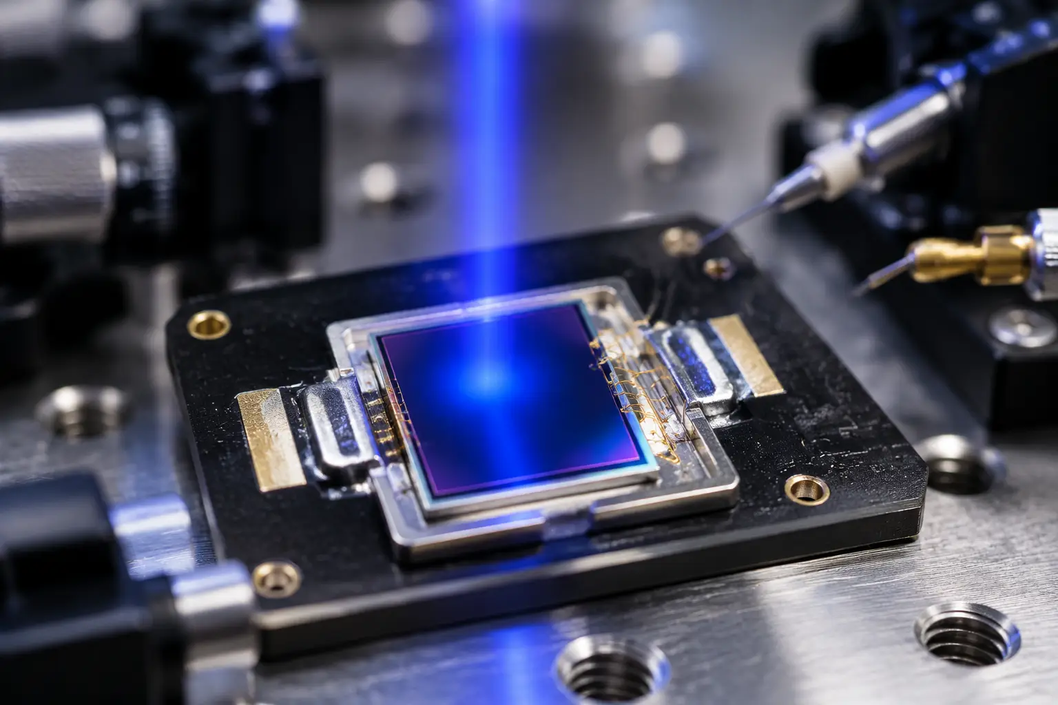 Engineering test bench evaluating a visible-enhanced PIN photodiode under a precision 465nm blue light beam in an optics laboratory