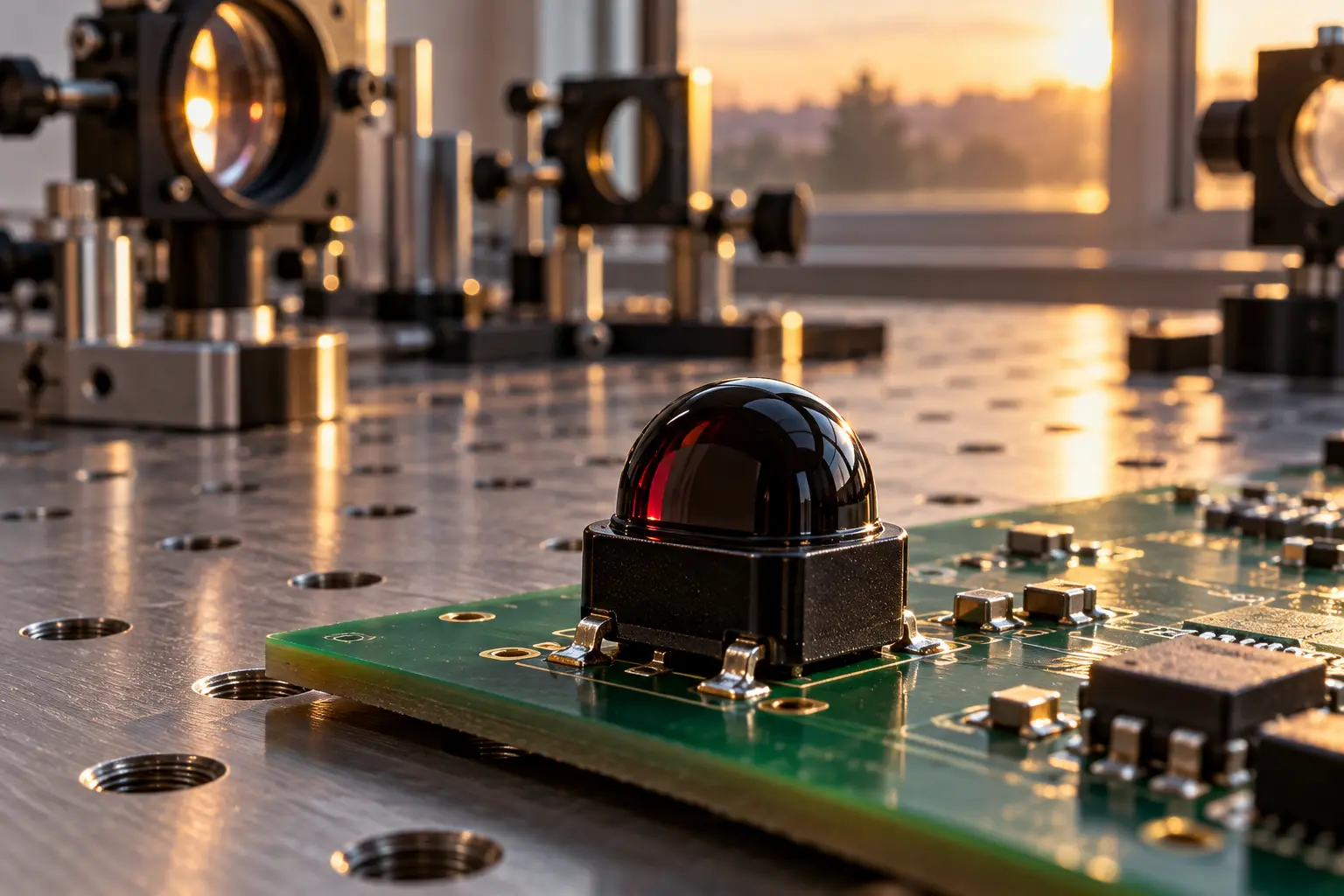 Black epoxy resin ambient light rejection sensor mounted on an industrial test circuit board in an optics laboratory