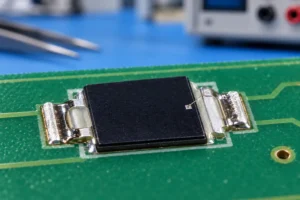 Flat surface-mount industrial photoelectric sensor diode soldered onto a circuit board for thermal testing