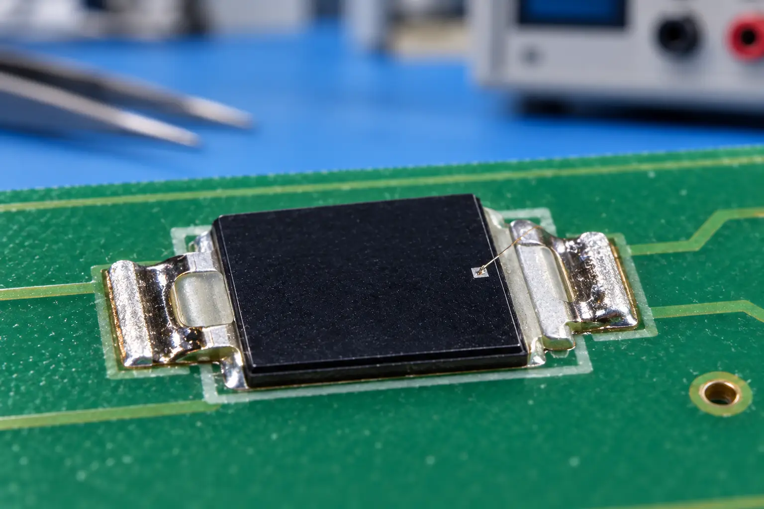 Flat surface-mount industrial photoelectric sensor diode soldered onto a circuit board for thermal testing